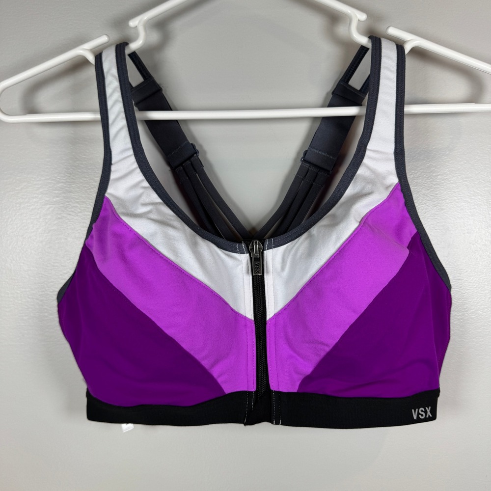 Victoria's Secret VSX Sports Bra Purple‎ Colorblock Front Zip Strappy Back 36B